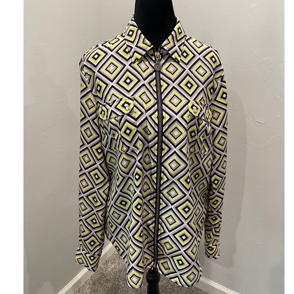 Anne Klein Women Yellow Geometric Diamond Print Zip Front Roll Tab Sleeve Blouse
